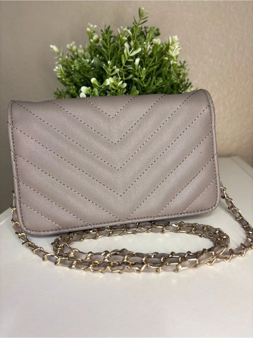 BCBG Paris Taupe Quilted Crossbody Bag Gold Chain Wallet Purse WOC